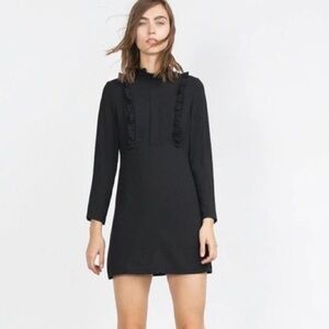 Zara Woman Black Mock Neck Pleated Ruffle Front Peasant Style Mini Dress Sz M